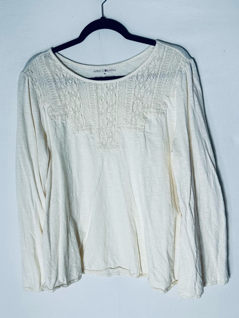 April Cornell Cream Cotton Lace Detail Long Sleeve Top M Boho Coastal Cottage